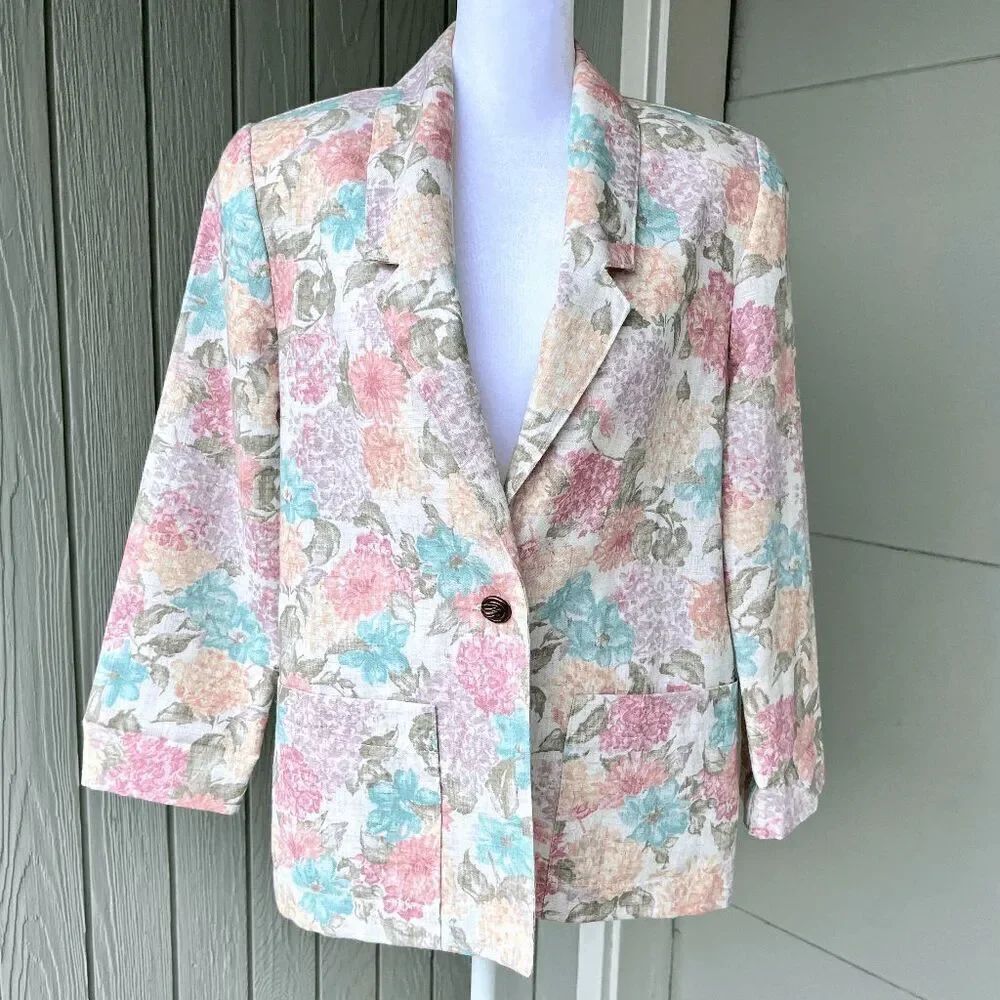 Vintage 80s Block Island Pastel Floral Blazer Jacket - Size 6, Made in USA